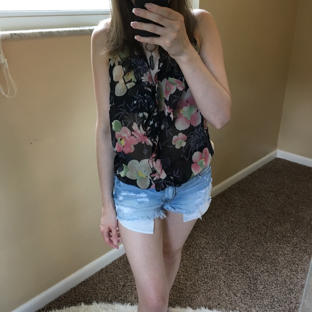 F21 Sheer Floral Ruffle Tank